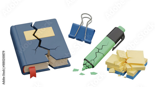 Stylized 3D render of broken school supplies cracked blue book shattered green highlighter fragmented sticky notes.