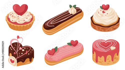 Elegant Valentine Pastry Collection Featuring Heart Tarts and Decorative Eclairs
