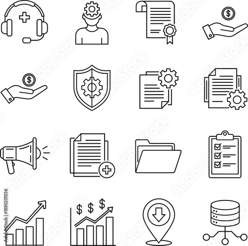 Professional business management and data analytics line icon set featuring financial growth charts document processing and technical support symbols.