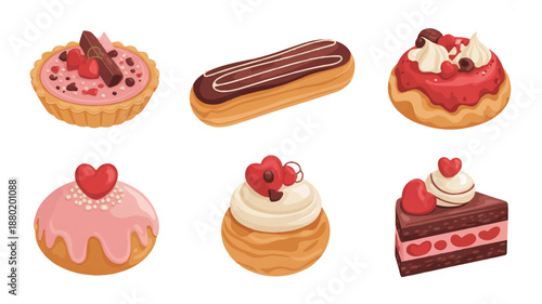 Assorted Valentine's Day Pastries with Heart Shaped Tarts and Gourmet Cream Eclairs