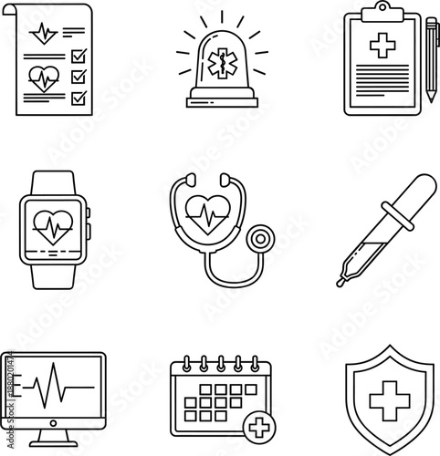 Professional health monitoring line icon set featuring smart watch heart rate tracker and emergency medical siren symbols.