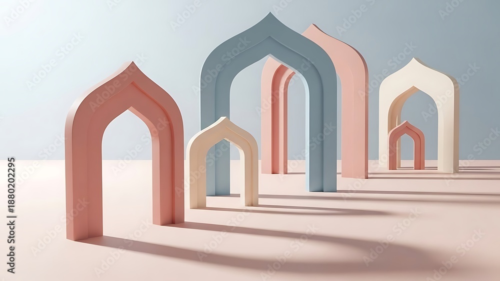 Fototapeta premium Pastel arched shapes create minimalist design with depth perspective. Perfect for abstract backgrounds, posters, or social media graphics.