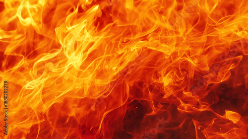 Detailed macro shot of brilliant orange fire flames with luminous glow and swirling abstract patterns