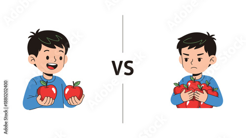 Comparison of a happy boy with two apples versus an unhappy boy with too many apples, showing less is more concept.
