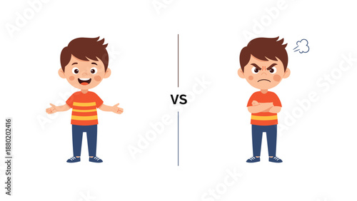 Opposite emotions concept showing a comparison of a happy, cheerful boy versus an angry, frustrated boy with arms crossed.