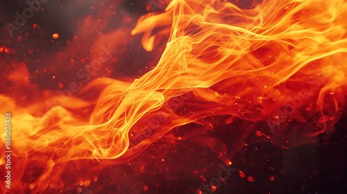 Fiery orange flames dancing through dark smoke with glowing embers flying in cinematic motion abstract fire background