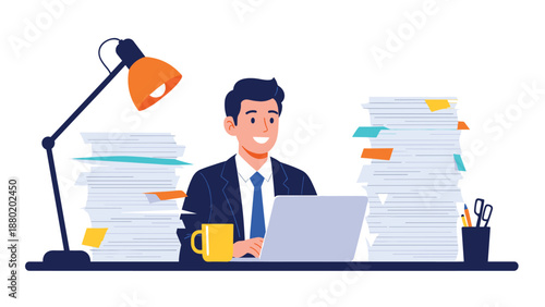 Happy and productive businessman working on a laptop at his desk, surrounded by organized stacks of paperwork and documents.