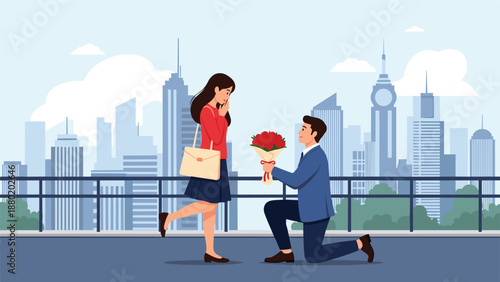 Romantic man proposing to his surprised girlfriend with a bouquet of red roses on a rooftop with a city skyline view.