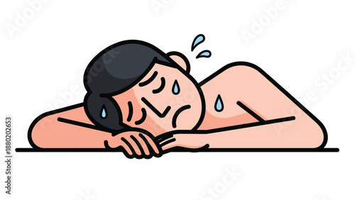 Exhausted and sad man lying on a table, sweating from heat, fatigue, or emotional distress after a difficult situation.