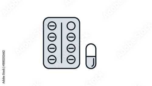 Medical icon of a blister pack of pills and a single capsule, representing medication, pharmacy, and healthcare treatment.