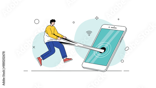 Man being pulled into a large smartphone, illustrating the concept of social media addiction and digital dependency.