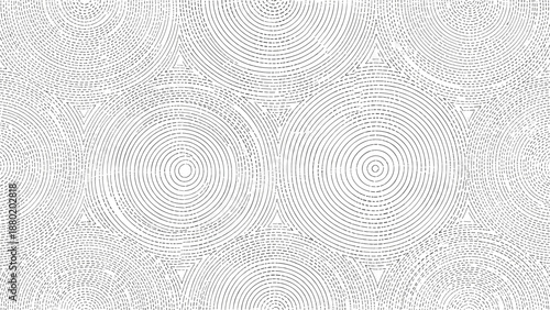 Abstract seamless geometric pattern with concentric circles and dashed lines creating a hypnotic optical illusion on a white background.