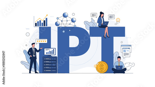 Business concept for HPT, High-Performance Team, with miniature people working with servers, charts, and financial elements.