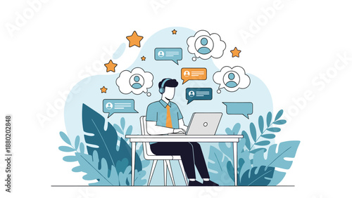 Customer service agent with headphones working on a laptop, surrounded by chat bubbles and user icons in a modern flat illustration.