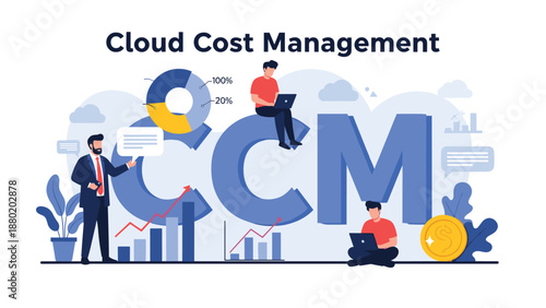 Cloud Cost Management or CCM business concept with people analyzing financial charts and data around the large blue acronym.