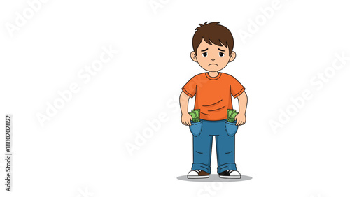 Sad cartoon boy with a worried expression showing his empty pockets, with some last dollar bills sticking out of his jeans.