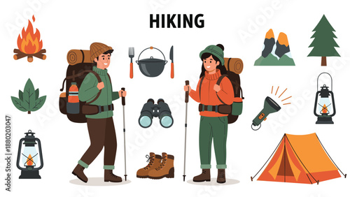 Set of hiking and camping equipment icons including hikers, a tent, campfire, backpack, and other essential travel elements.