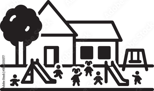 Black and white of children playing at school or daycare with slides and swings