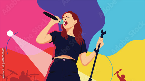 Female singer performing passionately on stage with a microphone, set against a colorful abstract background with stage lights.