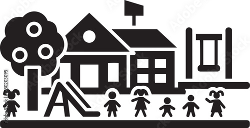 Black and white of children playing outside school building