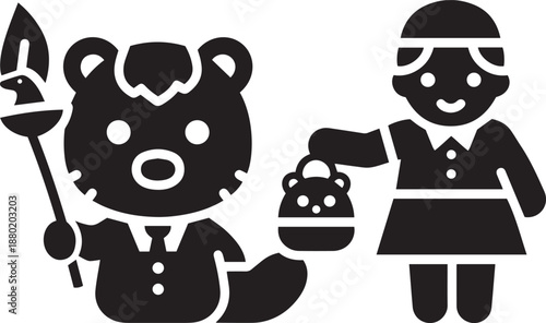 Black bear and girl in uniform holding purse and spear