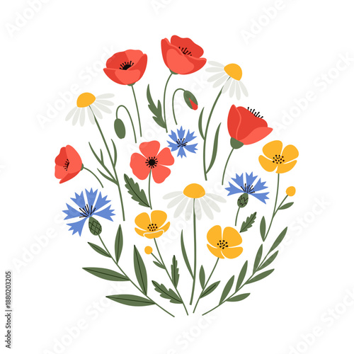 Vibrant Wildflower Bouquet Illustration: Spring Meadow Poppies, Daisies, Cornflowers, and Buttercups in a Circular Arrangement