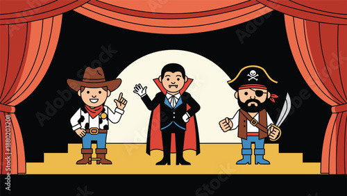 Three cartoon kids in costumes of a cowboy, vampire, and pirate standing on a theater stage with red curtains and a spotlight.