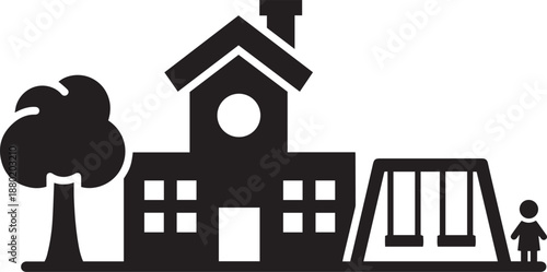 Black silhouette of school building with playground and tree