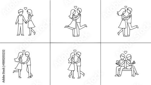 Line of couples in various romantic poses line love