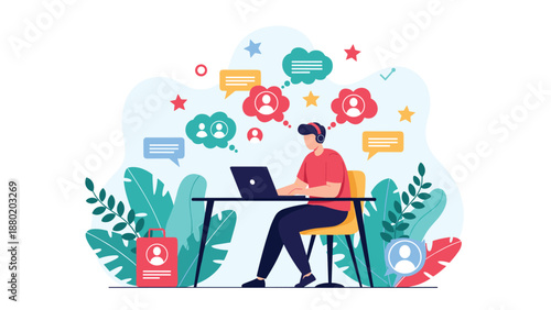 Man with headphones working at a desk on a laptop, surrounded by thought bubbles containing user profile icons and chat messages.