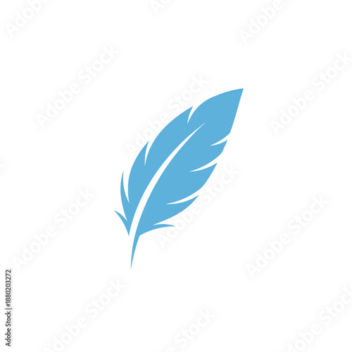 A single light blue feather isolated on a white background.