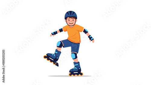 Happy cartoon boy wearing a helmet and protective gear while rollerblading, isolated on a clean white background for easy use.