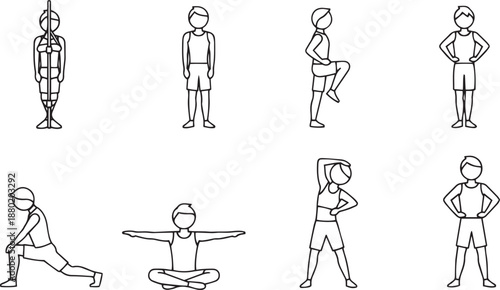 Stick figures in various exercise poses people stretching
