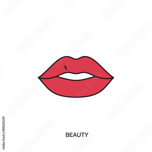 Simple red lips icon with black outline vector illustration.