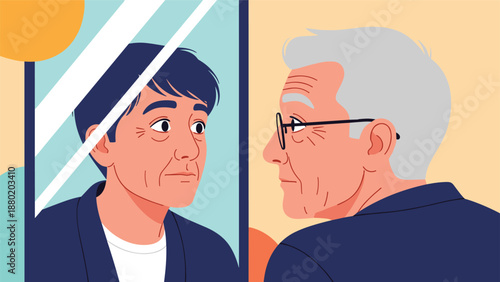 Concept of aging illustrated by an elderly man with grey hair looking at his younger self's reflection in a mirror.
