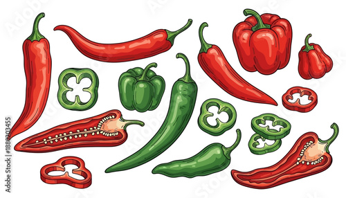 Assortment of red and green chili peppers and bell peppers displayed whole sliced cross section and as individual rings in a vibrant hand drawn style hot pepper vegetable spice food