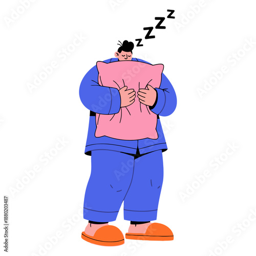 Cartoon man in blue pajamas and orange slippers stands while tightly hugging a pink pillow with eyes closed indicating deep sleep or slumber sleeping tired cozy comfort bedroom character