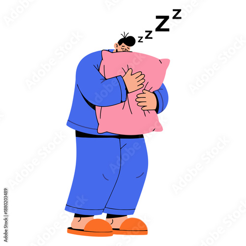 Man wearing blue pajamas and orange slippers stands holding a pink pillow while sleeping soundly with Zz symbols above his head illustrating rest slumber resting tired bedtime comfort