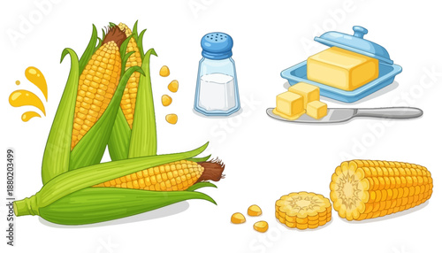 A vibrant illustration featuring several ears of sweet corn with green husks alongside a salt shaker butter pats in a dish with a knife and corn kernels maize vegetable food ingredients