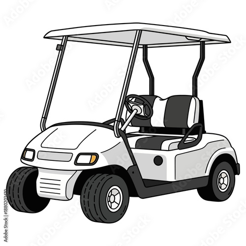 Illustration of a modern two seater white golf cart featuring a black and white seat steering wheel and a protective roof structure viewed from a slight angle electric vehicle transportation