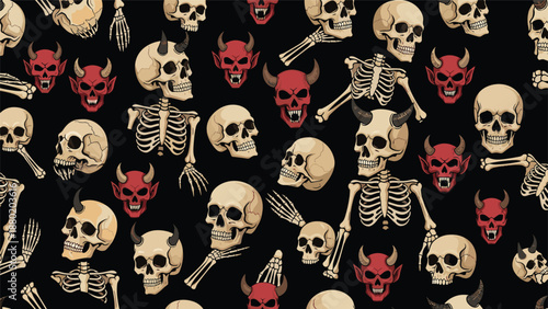 Seamless Halloween pattern with human skulls, skeletons, and red horned demon heads on a dark black background for a spooky design.