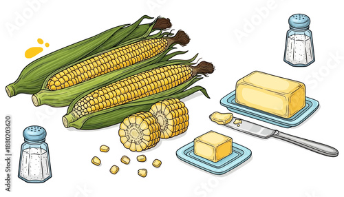 Freshly shucked ears of yellow sweet corn halved cobs butter pats salt shakers and a spreading knife for a perfect summer side dish kernels vegetable ingredient maize food preparation