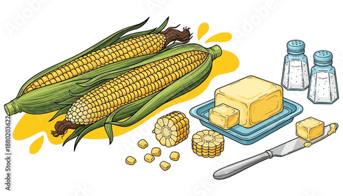 Two whole ears of sweet corn with husks alongside kernels butter on a dish with a knife and salt shakers illustrate a classic savory snack combination ear of corn farm food dairy seasoning