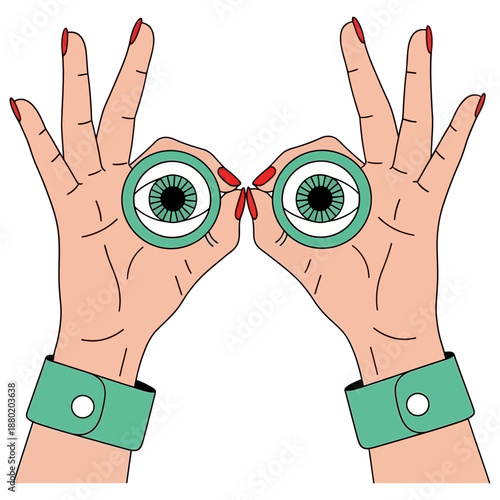 Two stylized female hands with red fingernails and teal wristbands hold up graphic eyes to mimic looking through binoculars or peepholes vision observation peering curiosity illustration