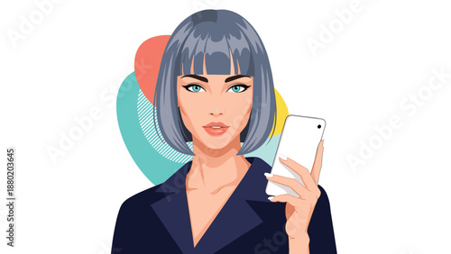 Stylish woman with short grey hair and green eyes holding a smartphone, portrayed in a modern flat design pop art style.