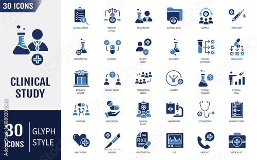 Clinical Study icon set. Research, clinical trial, laboratory, researcher, consent form, medication, experimental, analysis, clinical data and more. Vector illustration
