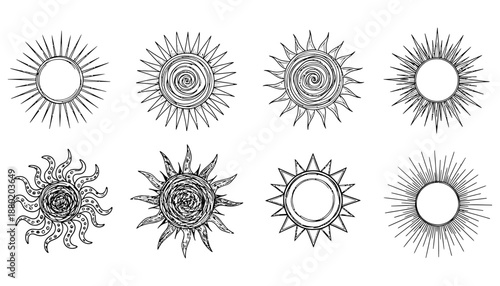 Collection of eight distinct hand drawn celestial sun illustrations featuring various styles like rays spirals and decorative elements in black outline drawing set star mystical icon