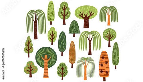 A charming collection of diverse stylized trees featuring various shapes leaf textures and trunk colors including weeping varieties and deciduous forms nature illustration forest green