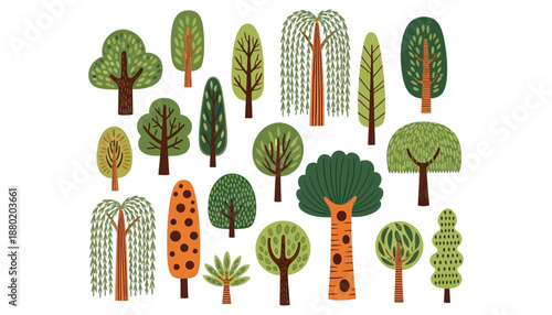 Collection of stylized colorful deciduous and coniferous trees featuring various shapes trunk patterns and green foliage in a flat illustration style forest nature plant wood outdoor