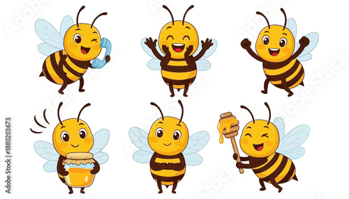 Collection of six cute cartoon bumble bees demonstrating various happy actions like talking on the phone celebrating holding honey and carrying a dipper insect animal character nature